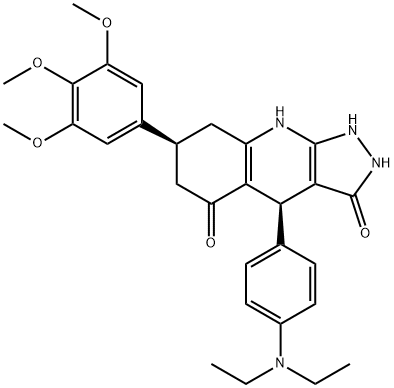 (4S,7S)-4-[4-(diethylamino)phenyl]-7-(3,4,5-trimethoxyphenyl)-2,4,6,7,8,9-hexahydro-1H-pyrazolo[3,4-b]quinoline-3,5-dione Struktur