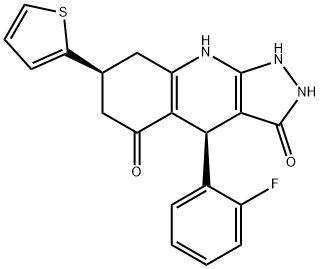 (4S,7S)-4-(2-fluorophenyl)-7-thiophen-2-yl-2,4,6,7,8,9-hexahydro-1H-pyrazolo[3,4-b]quinoline-3,5-dione Struktur