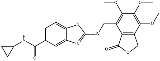 N-cyclopropyl-2-[(5,6,7-trimethoxy-3-oxo-1H-2-benzofuran-4-yl)methylsulfanyl]-1,3-benzothiazole-5-carboxamide Struktur