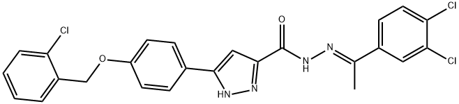 3-[4-[(2-chlorophenyl)methoxy]phenyl]-N-[(E)-1-(3,4-dichlorophenyl)ethylideneamino]-1H-pyrazole-5-carboxamide Struktur