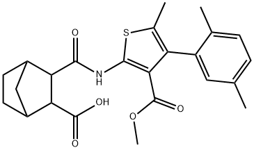 2-[[4-(2,5-dimethylphenyl)-3-methoxycarbonyl-5-methylthiophen-2-yl]carbamoyl]bicyclo[2.2.1]heptane-3-carboxylic acid Struktur