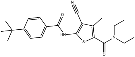 5-[(4-tert-butylbenzoyl)amino]-4-cyano-N,N-diethyl-3-methylthiophene-2-carboxamide Struktur