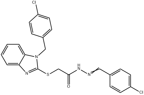 2-[1-[(4-chlorophenyl)methyl]benzimidazol-2-yl]sulfanyl-N-[(E)-(4-chlorophenyl)methylideneamino]acetamide Struktur