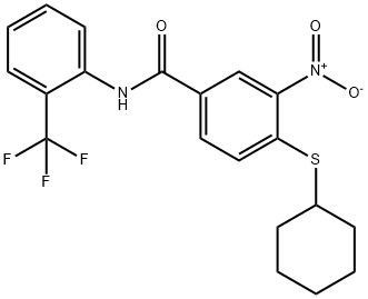 4-cyclohexylsulfanyl-3-nitro-N-[2-(trifluoromethyl)phenyl]benzamide Struktur