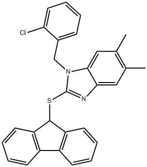 1-[(2-chlorophenyl)methyl]-2-(9H-fluoren-9-ylsulfanyl)-5,6-dimethylbenzimidazole Struktur