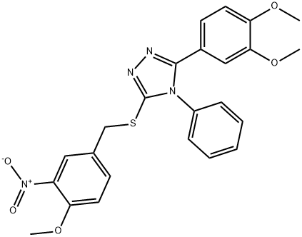 3-(3,4-dimethoxyphenyl)-5-[(4-methoxy-3-nitrophenyl)methylsulfanyl]-4-phenyl-1,2,4-triazole Struktur