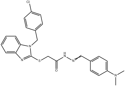 2-[1-[(4-chlorophenyl)methyl]benzimidazol-2-yl]sulfanyl-N-[(E)-[4-(dimethylamino)phenyl]methylideneamino]acetamide Struktur