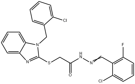 N-[(E)-(2-chloro-6-fluorophenyl)methylideneamino]-2-[1-[(2-chlorophenyl)methyl]benzimidazol-2-yl]sulfanylacetamide Struktur