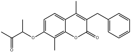 3-benzyl-4,8-dimethyl-7-(3-oxobutan-2-yloxy)chromen-2-one Struktur