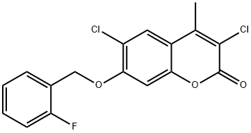 3,6-dichloro-7-[(2-fluorophenyl)methoxy]-4-methylchromen-2-one Struktur