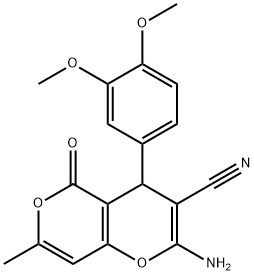 2-amino-4-(3,4-dimethoxyphenyl)-7-methyl-5-oxo-4H-pyrano[3,2-c]pyran-3-carbonitrile Struktur