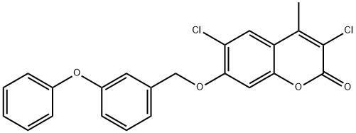 3,6-dichloro-4-methyl-7-[(3-phenoxyphenyl)methoxy]chromen-2-one Struktur