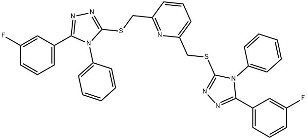 2,6-bis[[5-(3-fluorophenyl)-4-phenyl-1,2,4-triazol-3-yl]sulfanylmethyl]pyridine Struktur