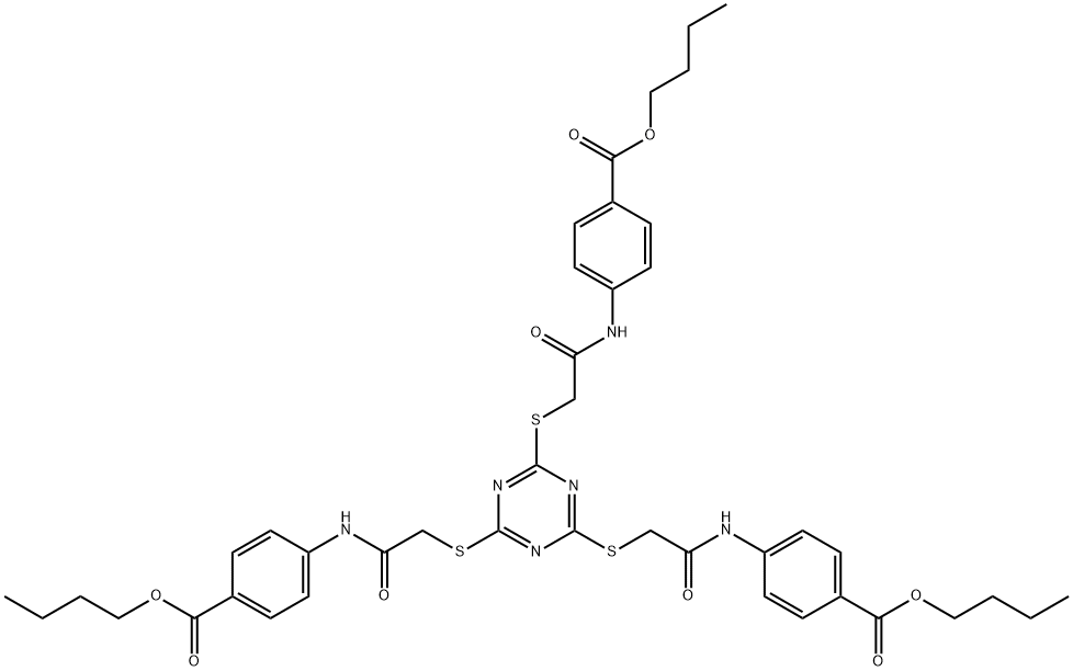 butyl 4-[[2-[[4,6-bis[[2-(4-butoxycarbonylanilino)-2-oxoethyl]sulfanyl]-1,3,5-triazin-2-yl]sulfanyl]acetyl]amino]benzoate Struktur