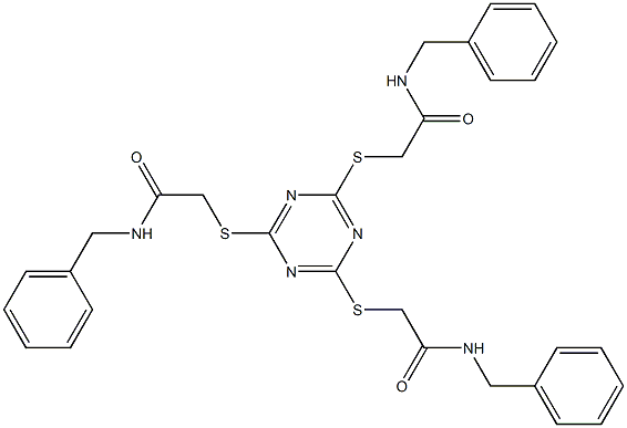 N-benzyl-2-[[4,6-bis[[2-(benzylamino)-2-oxoethyl]sulfanyl]-1,3,5-triazin-2-yl]sulfanyl]acetamide Struktur