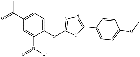 1-[4-[[5-(4-methoxyphenyl)-1,3,4-oxadiazol-2-yl]sulfanyl]-3-nitrophenyl]ethanone Struktur