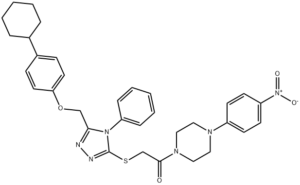 2-[[5-[(4-cyclohexylphenoxy)methyl]-4-phenyl-1,2,4-triazol-3-yl]sulfanyl]-1-[4-(4-nitrophenyl)piperazin-1-yl]ethanone Struktur