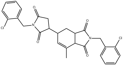 2-[(2-chlorophenyl)methyl]-5-[1-[(2-chlorophenyl)methyl]-2,5-dioxopyrrolidin-3-yl]-7-methyl-3a,4,5,7a-tetrahydroisoindole-1,3-dione Struktur