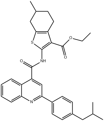 ethyl 6-methyl-2-[[2-[4-(2-methylpropyl)phenyl]quinoline-4-carbonyl]amino]-4,5,6,7-tetrahydro-1-benzothiophene-3-carboxylate Struktur