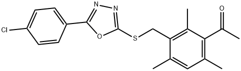 1-[3-[[5-(4-chlorophenyl)-1,3,4-oxadiazol-2-yl]sulfanylmethyl]-2,4,6-trimethylphenyl]ethanone Struktur