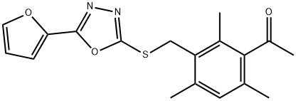 1-[3-[[5-(furan-2-yl)-1,3,4-oxadiazol-2-yl]sulfanylmethyl]-2,4,6-trimethylphenyl]ethanone Struktur