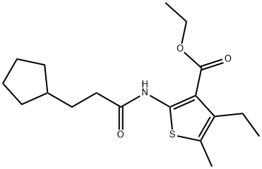 ethyl 2-(3-cyclopentylpropanoylamino)-4-ethyl-5-methylthiophene-3-carboxylate Struktur