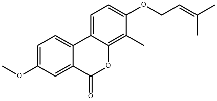 8-methoxy-4-methyl-3-(3-methylbut-2-enoxy)benzo[c]chromen-6-one Struktur