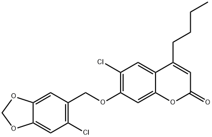 4-butyl-6-chloro-7-[(6-chloro-1,3-benzodioxol-5-yl)methoxy]chromen-2-one Struktur