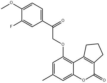 9-[2-(3-fluoro-4-methoxyphenyl)-2-oxoethoxy]-7-methyl-2,3-dihydro-1H-cyclopenta[c]chromen-4-one Struktur