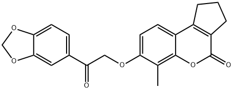 7-[2-(1,3-benzodioxol-5-yl)-2-oxoethoxy]-6-methyl-2,3-dihydro-1H-cyclopenta[c]chromen-4-one Struktur