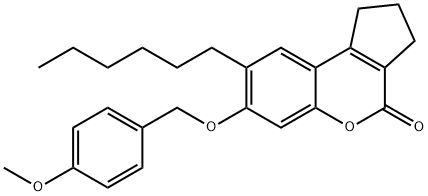 8-hexyl-7-[(4-methoxyphenyl)methoxy]-2,3-dihydro-1H-cyclopenta[c]chromen-4-one Struktur