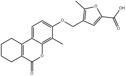 5-methyl-4-[(4-methyl-6-oxo-7,8,9,10-tetrahydrobenzo[c]chromen-3-yl)oxymethyl]furan-2-carboxylic acid Struktur