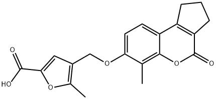 5-methyl-4-[(6-methyl-4-oxo-2,3-dihydro-1H-cyclopenta[c]chromen-7-yl)oxymethyl]furan-2-carboxylic acid Struktur