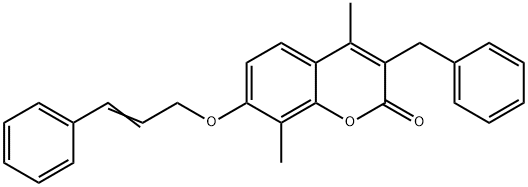 3-benzyl-4,8-dimethyl-7-[(E)-3-phenylprop-2-enoxy]chromen-2-one Struktur