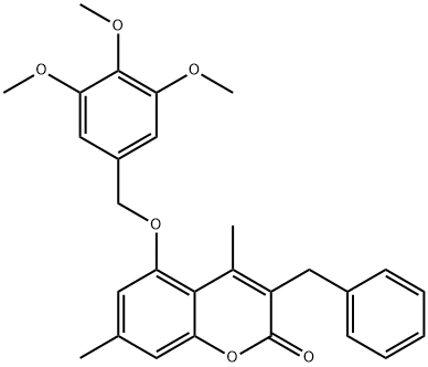 3-benzyl-4,7-dimethyl-5-[(3,4,5-trimethoxyphenyl)methoxy]chromen-2-one Struktur