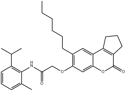 2-[(8-hexyl-4-oxo-2,3-dihydro-1H-cyclopenta[c]chromen-7-yl)oxy]-N-(2-methyl-6-propan-2-ylphenyl)acetamide Struktur