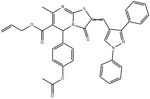 prop-2-enyl (2Z)-5-(4-acetyloxyphenyl)-2-[(1,3-diphenylpyrazol-4-yl)methylidene]-7-methyl-3-oxo-5H-[1,3]thiazolo[3,2-a]pyrimidine-6-carboxylate Struktur