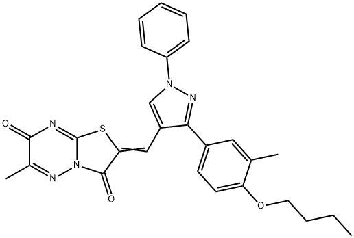 (2Z)-2-[[3-(4-butoxy-3-methylphenyl)-1-phenylpyrazol-4-yl]methylidene]-6-methyl-[1,3]thiazolo[3,2-b][1,2,4]triazine-3,7-dione Struktur