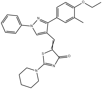 (5E)-5-[[3-(4-ethoxy-3-methylphenyl)-1-phenylpyrazol-4-yl]methylidene]-2-piperidin-1-yl-1,3-thiazol-4-one Struktur