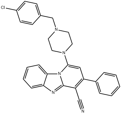 1-[4-[(4-chlorophenyl)methyl]piperazin-1-yl]-3-phenylpyrido[1,2-a]benzimidazole-4-carbonitrile Struktur