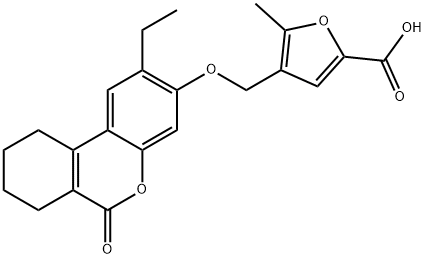 4-[(2-ethyl-6-oxo-7,8,9,10-tetrahydrobenzo[c]chromen-3-yl)oxymethyl]-5-methylfuran-2-carboxylic acid Struktur