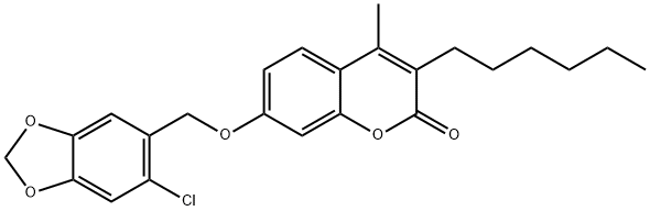 7-[(6-chloro-1,3-benzodioxol-5-yl)methoxy]-3-hexyl-4-methylchromen-2-one Struktur