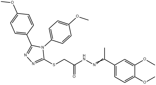 2-[[4,5-bis(4-methoxyphenyl)-1,2,4-triazol-3-yl]sulfanyl]-N-[(E)-1-(3,4-dimethoxyphenyl)ethylideneamino]acetamide Struktur