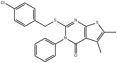 2-[(4-chlorophenyl)methylsulfanyl]-5,6-dimethyl-3-phenylthieno[2,3-d]pyrimidin-4-one Struktur