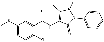 2-chloro-N-(1,5-dimethyl-3-oxo-2-phenylpyrazol-4-yl)-5-methylsulfanylbenzamide Struktur