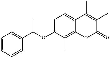 3,4,8-trimethyl-7-(1-phenylethoxy)chromen-2-one Struktur