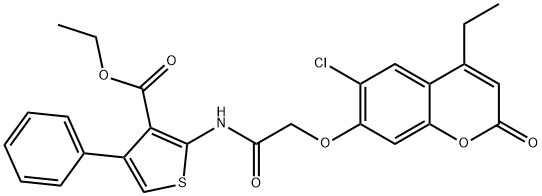 ethyl 2-[[2-(6-chloro-4-ethyl-2-oxochromen-7-yl)oxyacetyl]amino]-4-phenylthiophene-3-carboxylate Struktur