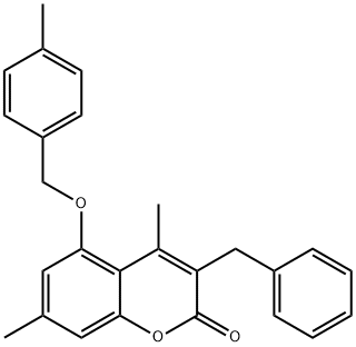 3-benzyl-4,7-dimethyl-5-[(4-methylphenyl)methoxy]chromen-2-one Struktur