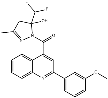 [5-(difluoromethyl)-5-hydroxy-3-methyl-4H-pyrazol-1-yl]-[2-(3-methoxyphenyl)quinolin-4-yl]methanone Struktur