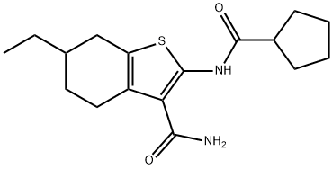 2-(cyclopentanecarbonylamino)-6-ethyl-4,5,6,7-tetrahydro-1-benzothiophene-3-carboxamide Struktur